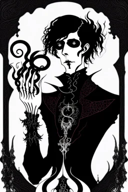 gothic creepy handsome black haired warlock with gothic jewelry and tentacle hands in the style of aubrey beardsley