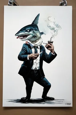 catfish with shark head smoking a ciggarrette in the style of banksy