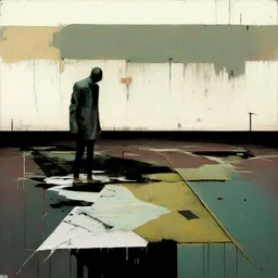 Minimal contemporary abstract oil paintings of desolate 1960s carpark with road markings and concrete fragments. Overlay with grungy typography graphics. style of Justin Mortimer and Francis Bacon.