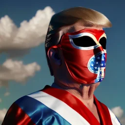 realistic image of donald trump as a mexican wrestling fighter posing outdoors, Mexican eyes wrestling mask, red and blue breeches, confederate flag cape, retro style, 80s, vibrant color, highly detailed, sky background, concept art, unreal engine 5, god rays, ray tracing, RTX, lumen lighting, ultra detail, volumetric lighting, 3d, finely drawn, high definition, high resolution.