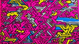 Magenta geometric storm clouds in the sky painted by Keith Haring