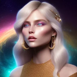 white woman long blond hair blue eyes glitter in a galactic ambiance, delicate colors in the foreground, full of details, smooth, light effect，vaporwave colorful, smooth, extremely sharp detail, finely tuned detail, ultra high definition, 8 k, unreal engine 5, ultra sharp focus