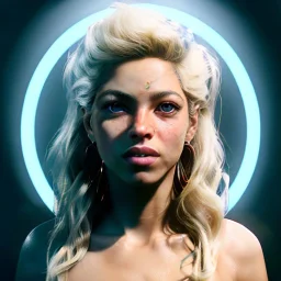 Shakira, artist, 30 years old, Realistic image, waist up portrait, Helmut Newton style. blonde, loose long hair, eyes make up, perfect, glow, circle iris. concept art, smooth, unreal engine 5, god lights, ray tracing, RTX, lumen lighting, ultra detail, volumetric lighting, 3d, finely drawn, high definition, 4k.