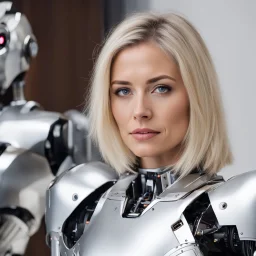 A woman with blonde hair and brown eyes stands next to a silver robot.