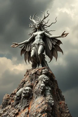 sculpture of goddesses on a top of a mountain open his arms . decayed and rotting with grotesque proportions and imagery. abstract grotesqueries, detailed texture, surreal horror, biomechanical design, by hr giger and beksinski