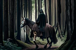 hooded monk on horseback in the forest