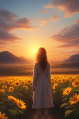 At sunset turn this into a beautiful sunflower scenery, magical, painting quality 8K , a woman standing in the middle watching the sunset