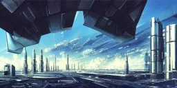 Spaceport on a heavy industrialized planet with futuristic high rise buildings with glass facades in the background and a docked spaceship in the foreground, art by John Berkey, brutalist architecture, insanely detailed, vibrant, 8k uhd, cinematic atmosphere, ultra-wide angle, street level view, brush strokes, blue sky with clouds, sharp focus