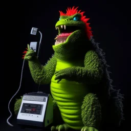 Godzilla as a muppet kawaii calling phone using a nokia, studio photo