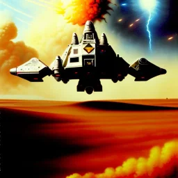 dramatic Chris Foss painting of a space explosions battle scene with an armored VTOL hovercraft with gun turret in the desert with stormy sky and a duststorm