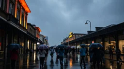 a group of people walking on a street in the rain. The street is lined with buildings on both sides, some of which are lit up with orange and yellow lights. The sky is dark and cloudy, and the raindrops are falling heavily. The people are holding umbrellas to protect themselves from the rain, and some are walking towards the camera. The overall mood is gloomy and rainy.