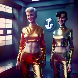 Ultra Realistic scene, retro futuristic style, 1960 fashion sci-fi. 2 cyber Women, shopping, smile, happy. highly detailed, concept art, unreal engine 5, ray tracing, RTX, lumen lighting, ultra detail, volumetric lighting, 3d, finely drawn, high definition, high resolution.