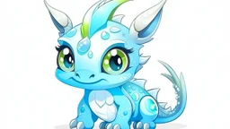 cartoon illustration: a cute little ice dragon with big shiny eyes and with crystal wings