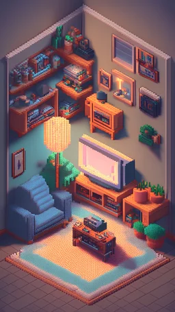 Detailed isometric living room, pixel art, unreal engine voxel render, video games, very cozy, nostalgia, boy in room in front of tv, c4d render