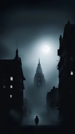 Foggy black silhouette in black haze in the air against the backdrop of night buildings in the style of a horror film, eerie atmosphere