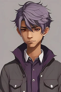 Light brown skin, red eyes, straight short purple-grey hair, black clothes, round face, teenager