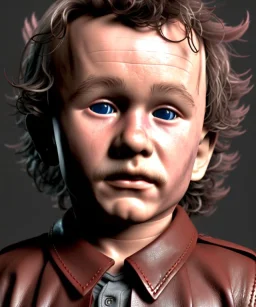 Heath ledger toddler, full body, leather jacket, floral shirt, soft skin, dramatic lighting, hyper realistic