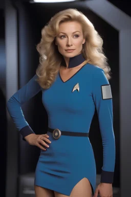 Star Trek - 20-year-old Molly Parton as Doctor McCoy, wearing a blue, thigh length, long-sleeved, slit mini-dress with an upside-down, V-shaped Starfleet communication badge on the left chest, Physician's rank on the collar and sleeve cuffs