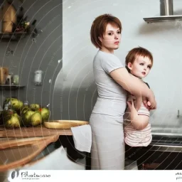 Realistic photo Russian shorthair beautiful tomboy boyish boylike young mother wide hips in kitchen