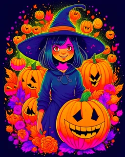 A detailed illustration a Halloween black witch with halloween pumpkin, t-shirt design, flowers splash, t-shirt design, in the style of Studio Ghibli, pastel tetradic colors, 3D vector art, cute and quirky, fantasy art, watercolor effect, bokeh, Adobe Illustrator, hand-drawn, digital painting, low-poly, soft lighting, bird's-eye view, isometric style, retro aesthetic, focused on the character, 4K resolution, photorealistic rendering, using Cinema 4D