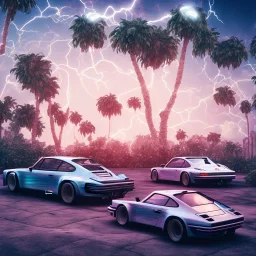 1980's aesthetic vaporwave palm trees and spheres and Porsche with lightning