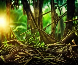 vietnam war. jungle. cd cover. bokeh. lens flare. warm lights. high detailed