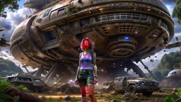 A skinny 50-year-old woman standing, hands on hips, in brown shorts, a shirt, and boots, standing next to a large, sleek cargo spaceship, sitting in a clearing, in a derelict alien town with clumps of fungi.