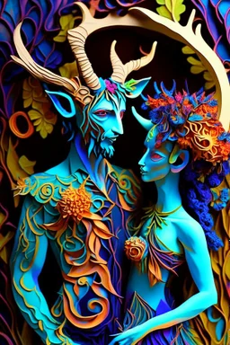 "Satyr Union"; surreal Satyr and Nymph couple wearing colorful Royal wedding attire made with quilling found in nature; Avant-garde