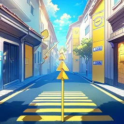 yellow brick road, road signs, arrows, direction, anime girl walking, detail on the girl standing with her back facing, holding arrow in her hand