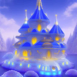 landscape of aztecan celestial blue temple ambient beutiful villa white gold and neon lights bright and blue bright gloss effect of a futuristic house,like spaceship, natural round shapes concept, large transparent view of the open outdoor garden,sea beach,blue sky , gold crystals,with light blue, flowers of Lotus, beutiful pools, light of sun , palmiers,cerisiers en fleurs, wisteria, sun , stars, small waterfalls