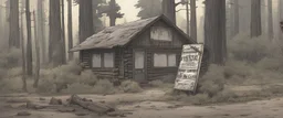 log cabin, post-apocalyptic, comic book, forest, cinematic, from far away,