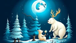 fantasy cartoon illustration: a reindeer, a polar bear, a rabbit are decorating a Christmas tree, beneath a full moon