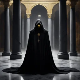 [hooded hidden face with two small yellow eyes] The dark, hooded figure known as the Nazgul stood silently behind a towering column in the opulent palace, its presence shrouded in mystery and foreboding. The hooded cloak billowed ominously around its form, concealing any glimpse of a face or identity. Shadows danced across the marble floors as the figure observed the lavish surroundings with a sense of detached malevolence.