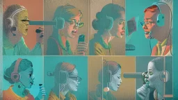 8 panels showing 8 different people talking on the phone