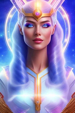 cosmic woman admiral from the future, one fine whole face, large cosmic forehead, crystalline skin, expressive blue eyes, blue hair, smiling lips, very nice smile, costume pleiadian, rainbow ufo