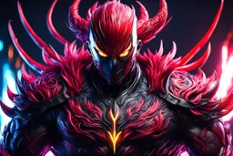 Carnage oni in 8k one punch man artstyle, ronin costum, galaxy mask, cover face, dynamic pose, oshare kei, hurufiyya, rtx , neon lights, intricate details, highly detailed, high details, detailed portrait, masterpiece,ultra detailed, ultra quality