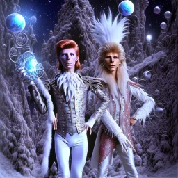 David bowie,Ziggy Stardust, white snow owl feathery fancy clothes, Jim Henson's The Labyrinth, Jareth the goblin king, crystal balls in hand, wearing spandex grey leggings, crotch bulge, labyrinth illusion, floating broken stairs background, hyper realistic hands, hyper realistic feet, anatomically correct, 8k hyper realistic, 80s ball room