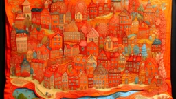 A salmon orange colored town made out toys in nighttime designed in medieval tapestry painted by Qiu Ying