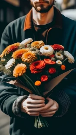 An image of a man holding a bouquet of flowers . --auto --s2