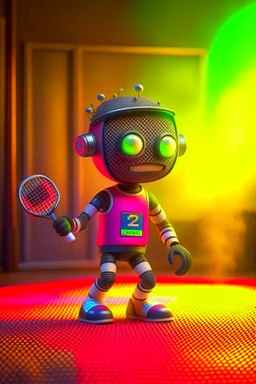 cute punk chat robot playing tennis, blanket over shoulders, its such a perfect day, motion blur, smoke, 8k, downlight, soft light, depth of field, photorealism, trending on art station, some detail