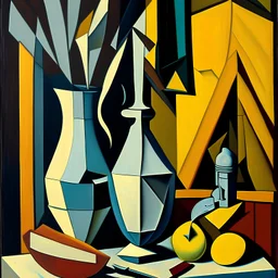 a painting of a vase and a knife, a still life by Amadeo de Souza Cardoso, pixiv, cubism, picasso, cubism, oil on canvas