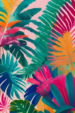 Flowers in the background, colorful palm prints in the foreground