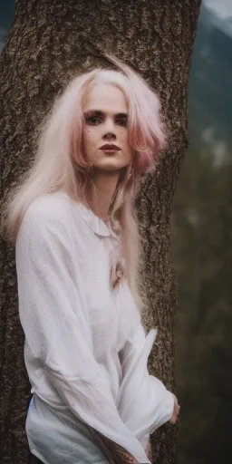 portrait of a very beautiful lady setting in the tree, model posture, details, texture, brown eyes, freckles, white hair, dangerous, playful, mountains, nature, flowers, fire, street style, 80s fashion, retro, classic, casual, Queen Catherine , magenta, aqua, abstract