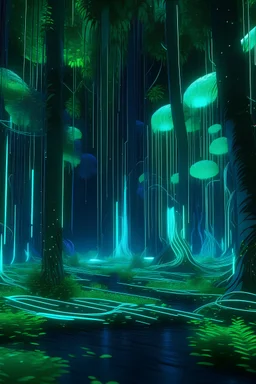 "A serene forest where trees and plants seamlessly merge with futuristic digital elements, like leaves turning into circuits and branches glowing with neon lights."