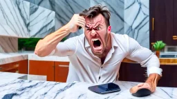 angry guy on phone at marble tabletop pointing at missing delivery