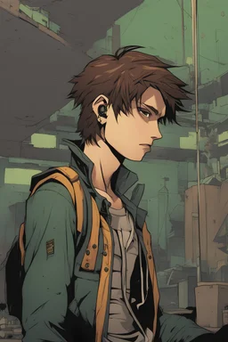 sewer punk guy, jacket, brown hair, grunge aesthetic, chemise, comic book style