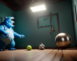 room scene with a big moppet monster, realistic photo, with ball and toys, concept art, minimal style, smooth, unreal engine 5, god lights, ray tracing, RTX, lumen lighting, ultra detail, volumetric lighting, 3d.