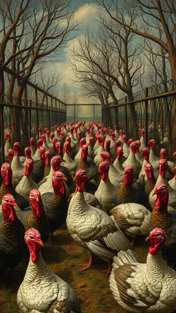 Hieronymus Bosch style , field full of turkeys in prison