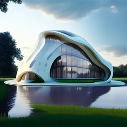 Casa campestre en forma de ostra marina, estilo Zaha Hadid, moderna, calidad ultra, hiperdetallada, 64k