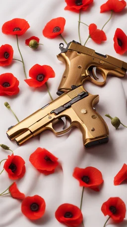 Two gold pistols and a red notebook on a white scarf. A bed of red poppies. Close-up from above.cinematic